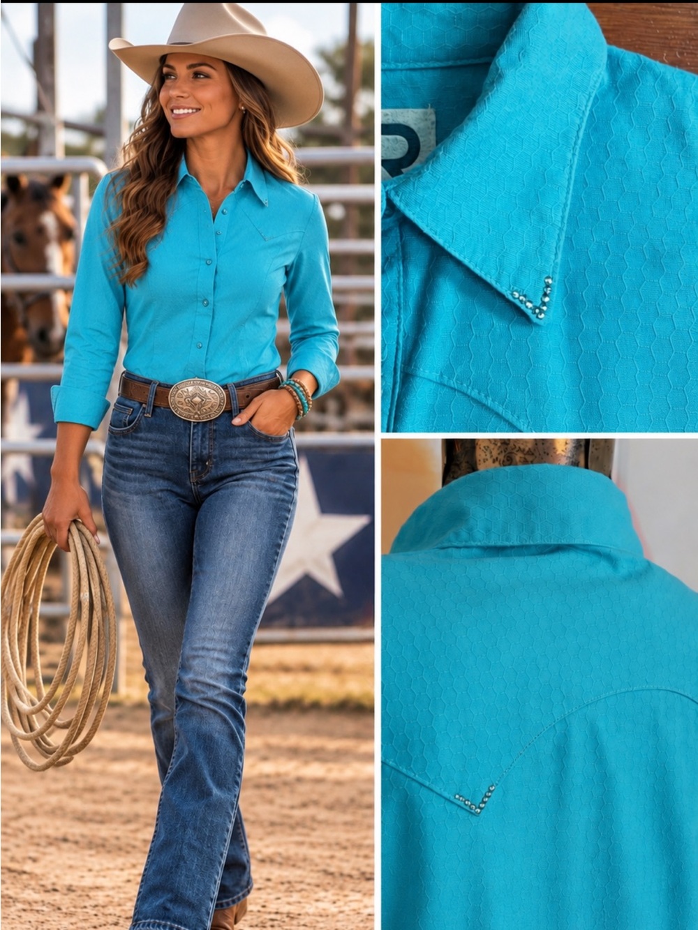 CR RanchWear Turquoise Crystal Western Show Shirt Handmade Texas Cotton XS 💛🎀